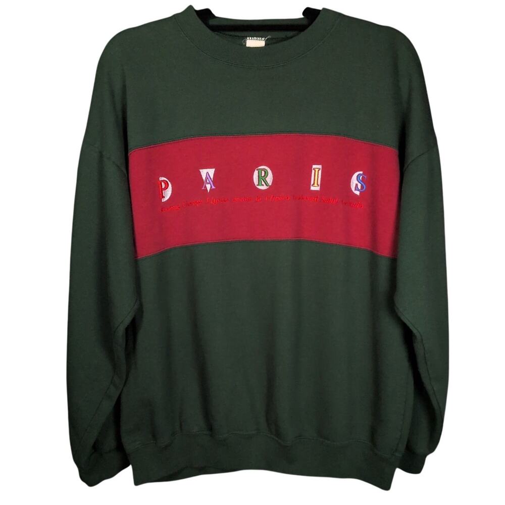 VTG 90s Paris Crew Neck Pullover Embroidered Tourist Sweatshirt Green Red XL